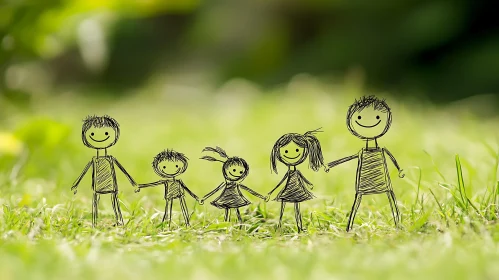 Joyful Stick Figure Family in Nature