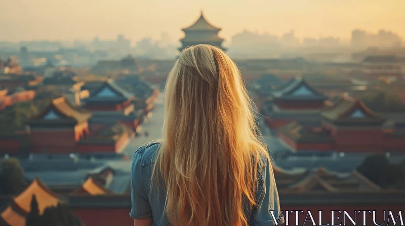 AI ART Blonde Woman Overlooking Ancient City