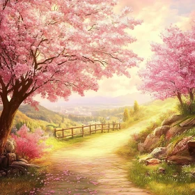 Idyllic Path Through Cherry Blossoms at Dusk