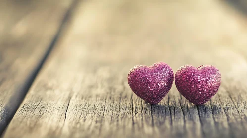 Glittering Hearts on Weathered Wood Surface