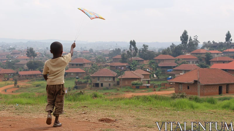 Boy with Kite in Rural Landscape AI Image