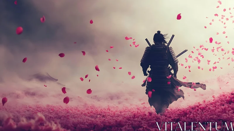 Warrior Amidst Falling Petals AI Image