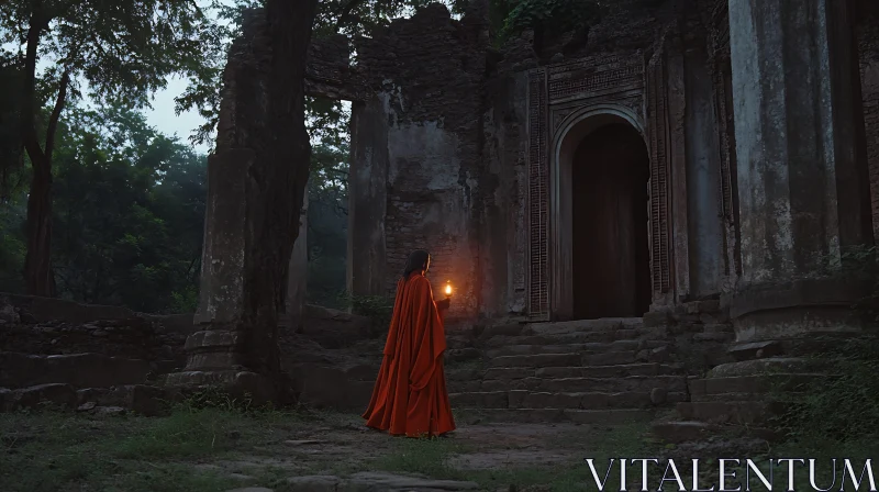 AI ART Red Cloak in Ancient Architecture