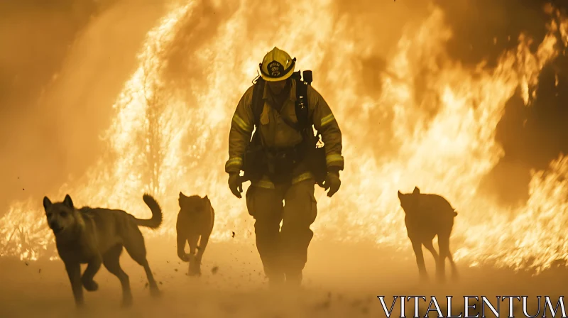 Heroic Firefighter and Dogs in Fiery Rescue AI Image