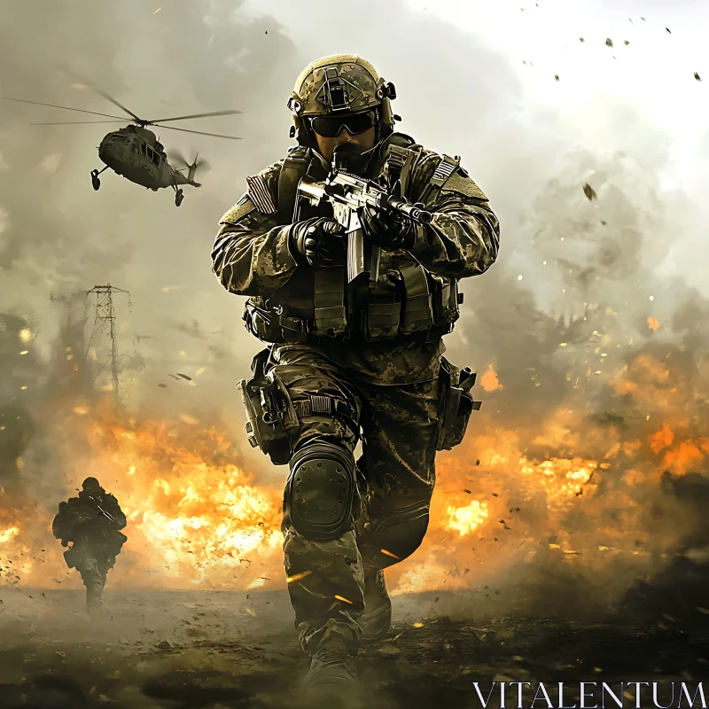 Military Soldier Amidst Fire and Chaos AI Image