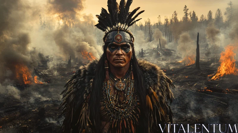 Indigenous Man in Fire Landscape AI Image