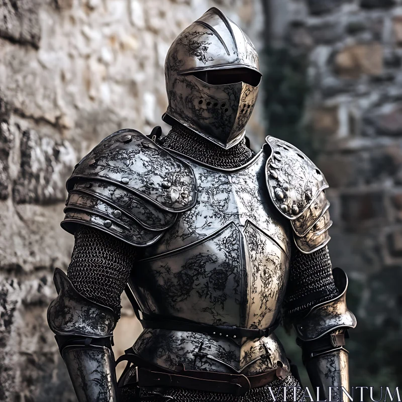 AI ART Armored Knight Standing By Stone Wall