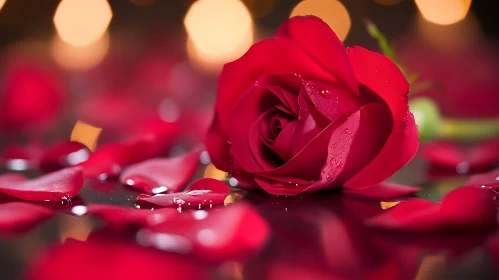 Romantic Red Rose and Petals Still Life