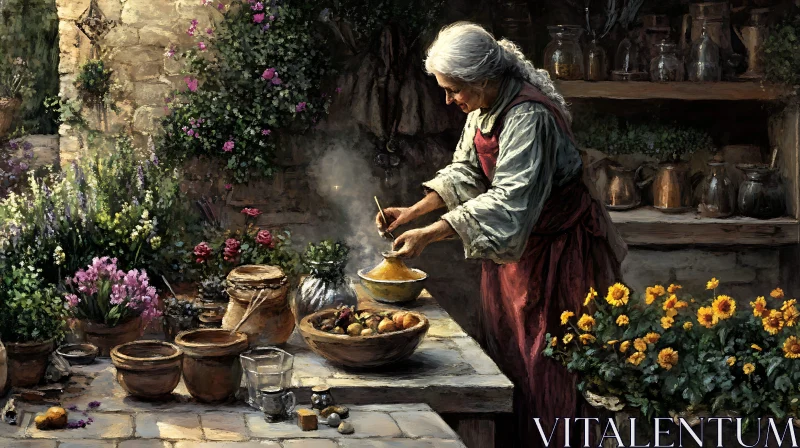 AI ART Rustic Kitchen Scene with Woman Cooking