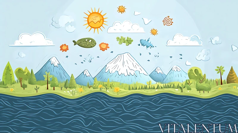 Whimsical Nature Artwork with Mountains and River AI Image