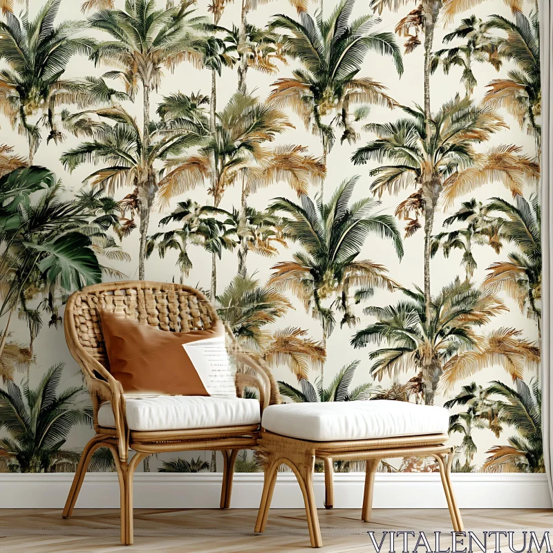 Palm Tree Wallpaper and Wicker Furniture Interior Design AI Image