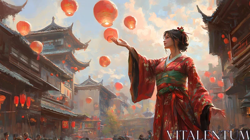 Woman in Kimono with Lanterns AI Image