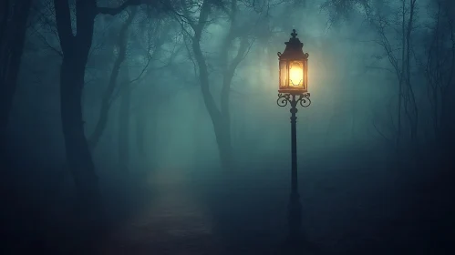 Misty Woods with Glowing Lamp