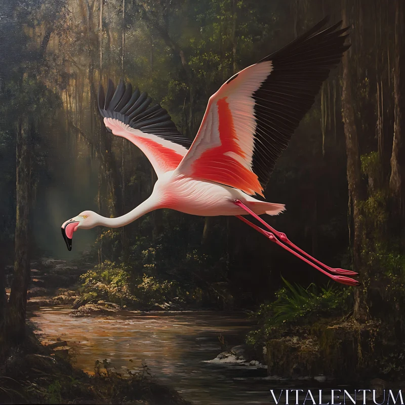 Pink Flamingo Over Forest River AI Image