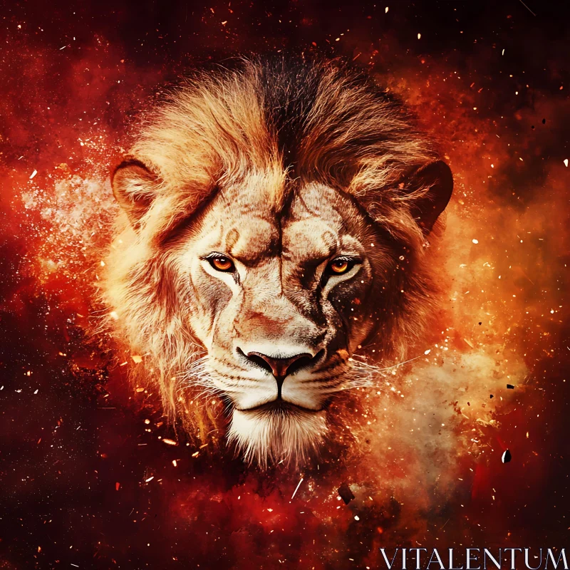 Lion in Fiery Ambience AI Image