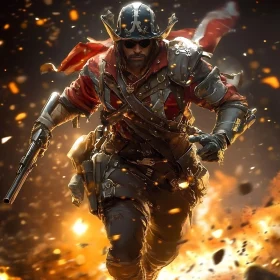 Armored Warrior Charging Through Firestorm