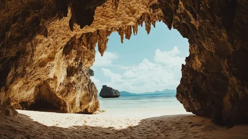 Cave Entrance Overlooking Peaceful Beach and Island