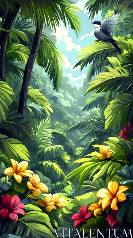 Lush Jungle with Bird and Blossoms AI Image