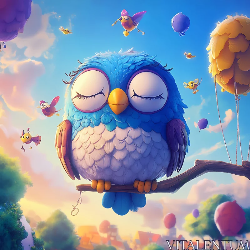 Sleeping Owl with Bird Friends AI Image