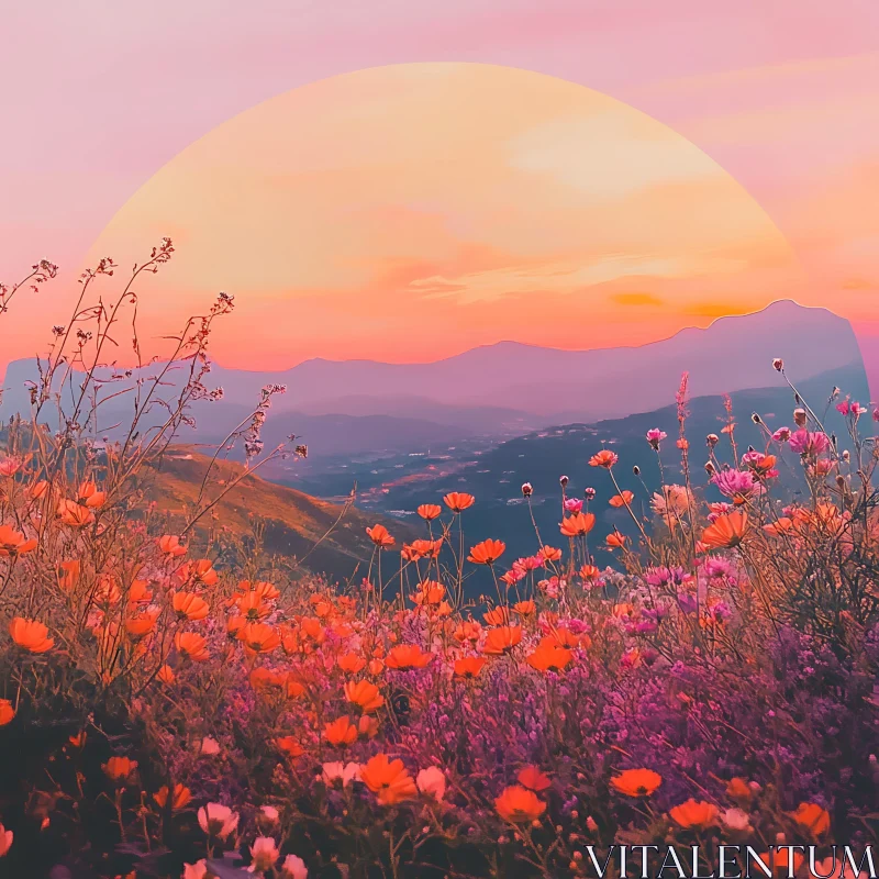 Sunset Over Flower Meadow Landscape AI Image