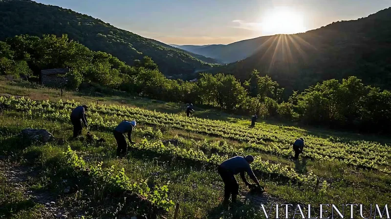 AI ART Harvesting Grapes at Sunset in the Hills