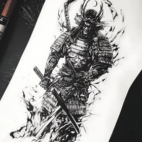 Monochrome Samurai Warrior with Katanas