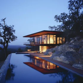 Elegant Evening at Glass-Walled House with Infinity Pool