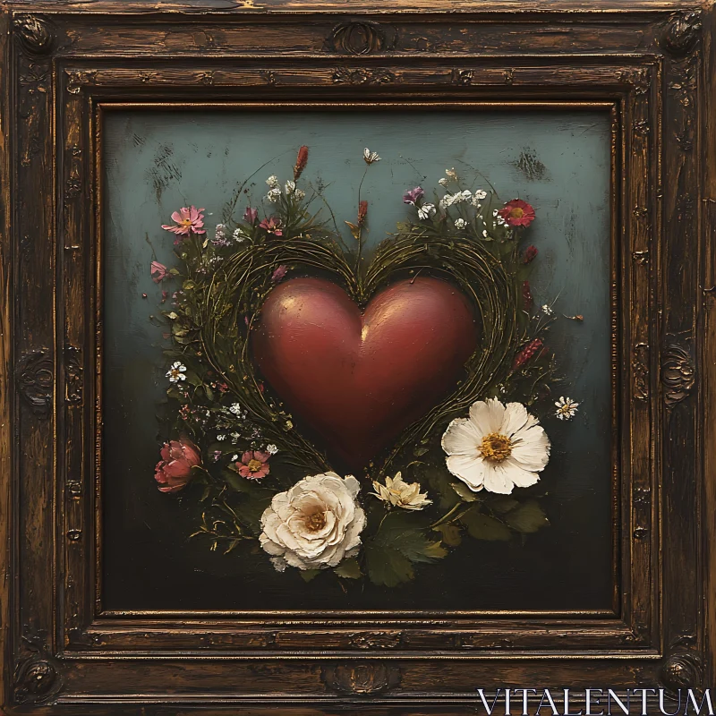 Floral Heart Wreath on Teal Background AI Image