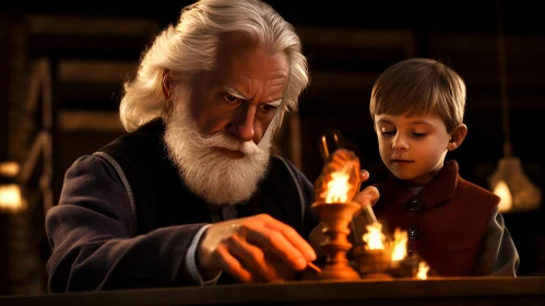 A Captivating Scene: Man and Child by the Fire