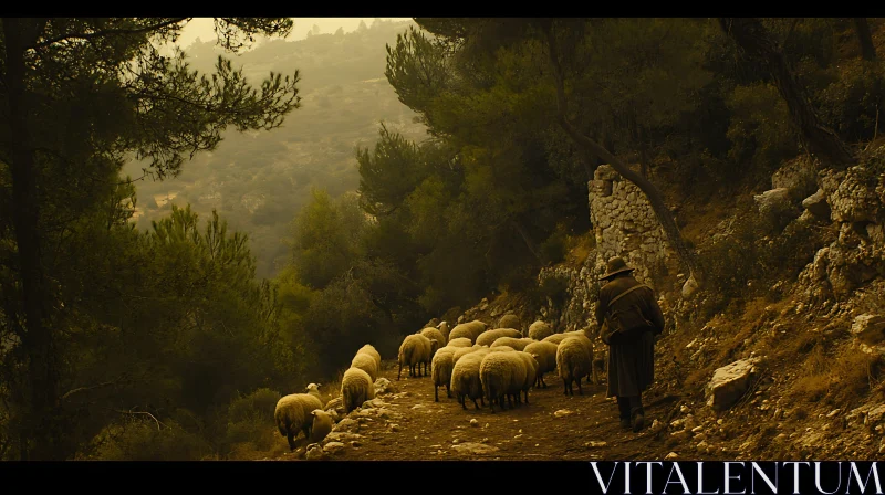 AI ART Rural Scene: Shepherd Leading Sheep