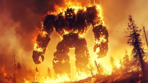 Massive Inferno Robot Amidst Forest Blaze