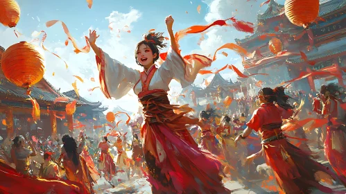 Joyful Crowd with Lanterns and Ribbons