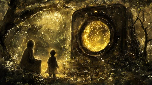 Golden Portal in Woods with Figures
