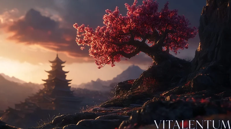 Pink Blossom Tree and Distant Temple AI Image