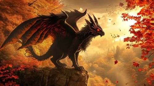 Black Dragon in Autumn Forest - Digital Painting