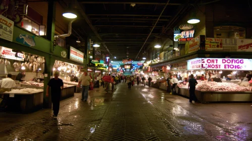 Brick Walkway Through Wet Marketplace - Captivating Carnivalcore Scene