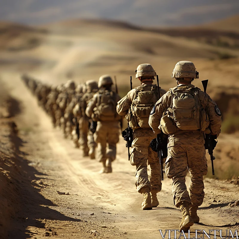 Army Soldiers Walking on Desert Road AI Image