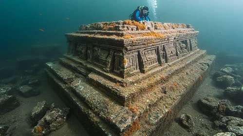 Underwater Temple and Scuba Diver