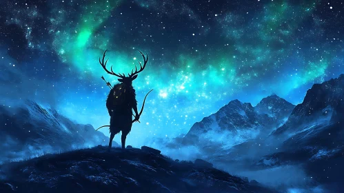 Celestial Deer Silhouette Mountain Scene