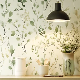 Charming Kitchen with Floral Accents and Ceramics