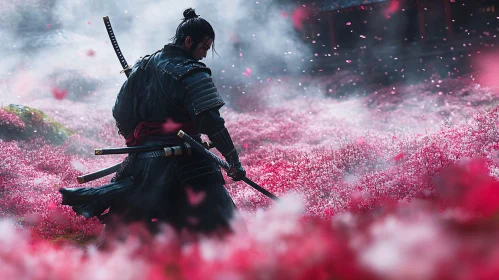 Warrior Among Falling Cherry Blossoms