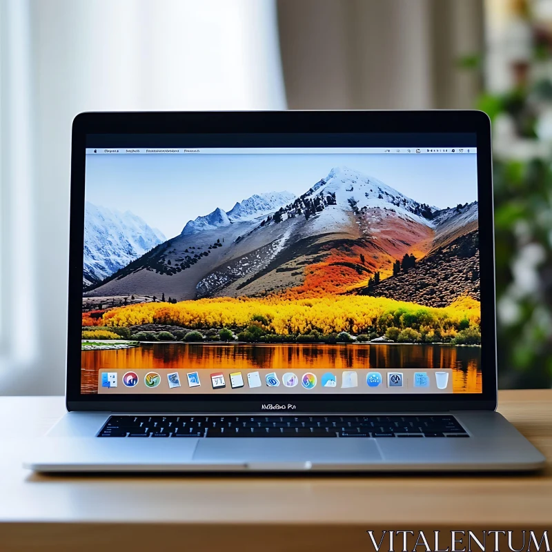 AI ART Laptop with Vivid Mountain Desktop Wallpaper