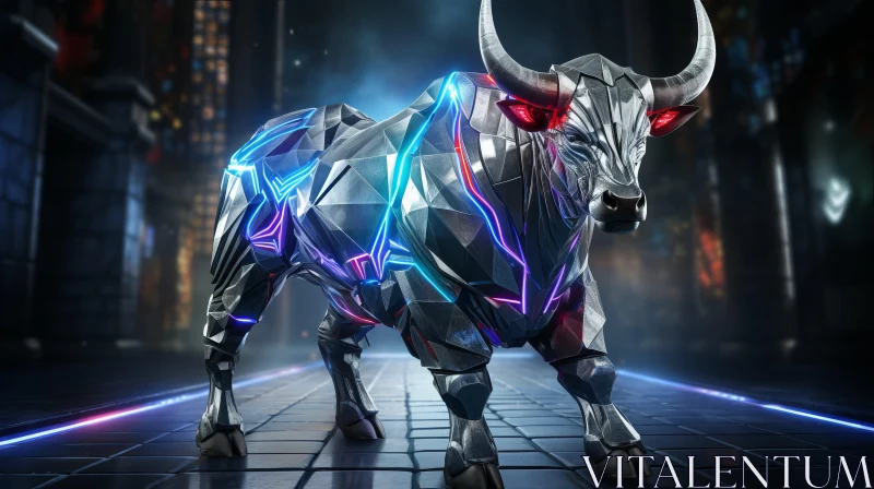 Futuristic Metallic Bull in Neon City AI Image