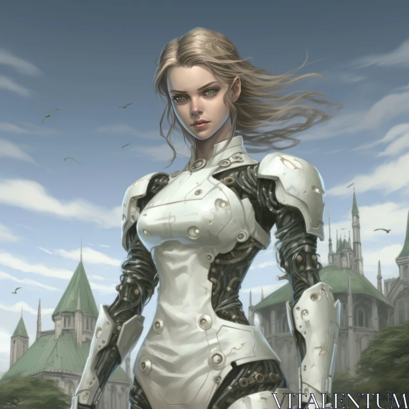 Futuristic Realism: Cyborg in White Armor against Castle Backdrop AI Image