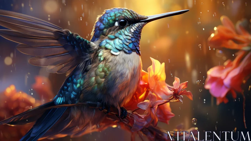 Hummingbird Amidst Rain and Flowers: A Realistic Portrayal AI Image