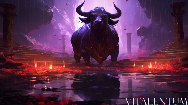 Majestic Bull Amidst Purple Flowers - A Concept Art Masterpiece AI Image