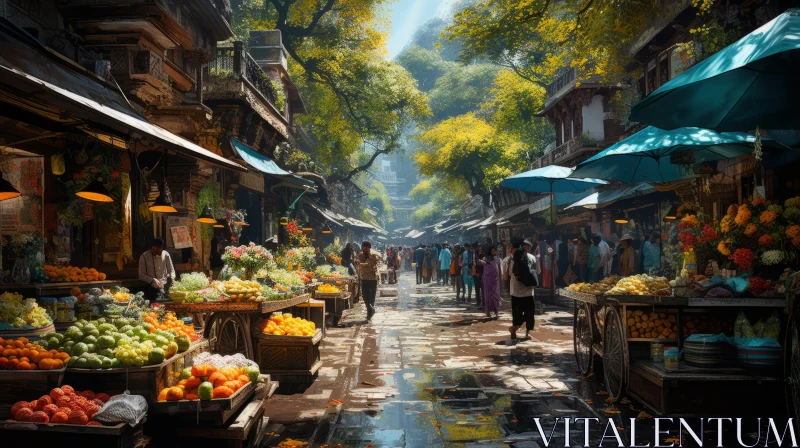Sunlit Street Market - A Detailed Rendering of Traditional Himalayan Art AI Image