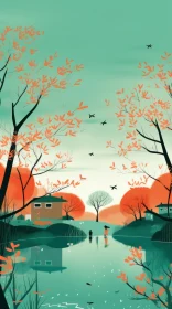 Vibrant Illustration of Red Trees in Traditional Chinese Landscape