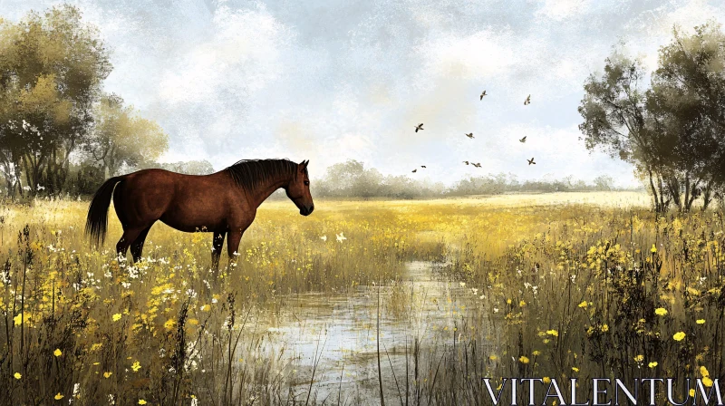 AI ART Horse in a Tranquil Field