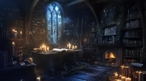 Old Library with Candles and Gothic Window